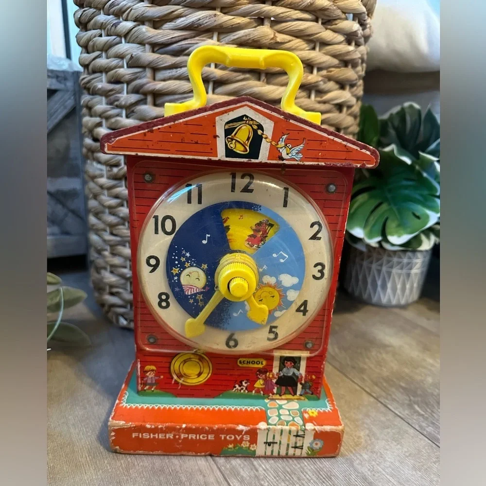 Vintage 1960s Fisher-Price Children’s Toy Red Yellow Music Box Teaching Clock